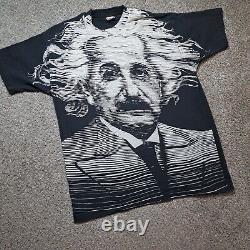 Vintage Albert Einstein Chemise Hommes XL Noir Tout Sur Imprimer Point Unique