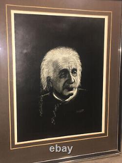 Œuvre d'art maîtresse encadrée 'Albert E' par Rudy Droguett Gravure originale d'Einstein.